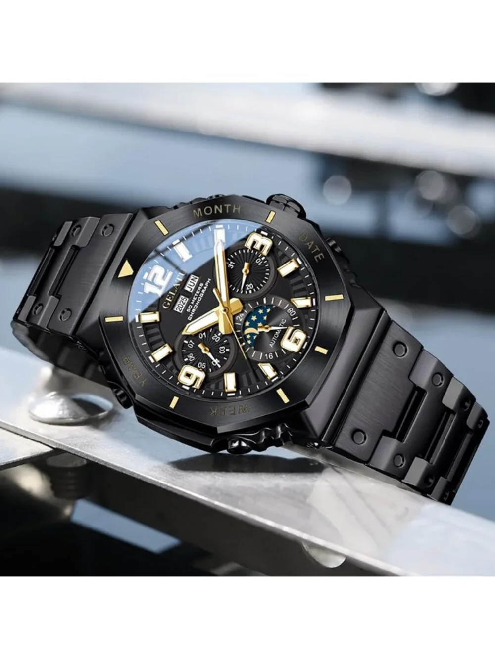 Men's Black & Gold Automatic Mechanical Multi-Function Chronograph Wrist Watch
